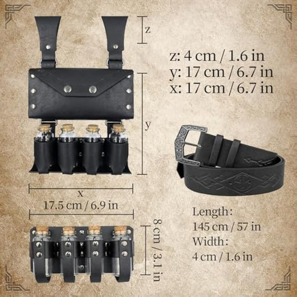 EpicCos 3 PCs Medieval Alchemy Belt Waist Pack Combo with Multiple Potion Bottles, Viking Rivet Belt Side Pouch for Cosplay (Black C)