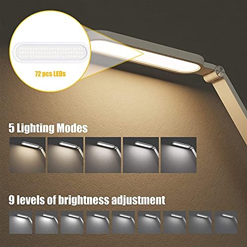 JKSWT LED Desk Lamp, Eye-Caring Table Lamps Natural Light Protects Eyes Dimmable Office Lamp with 5 Color Modes USB Charging Port Touch Control and Memory Function, 10W Reading Lamp,White