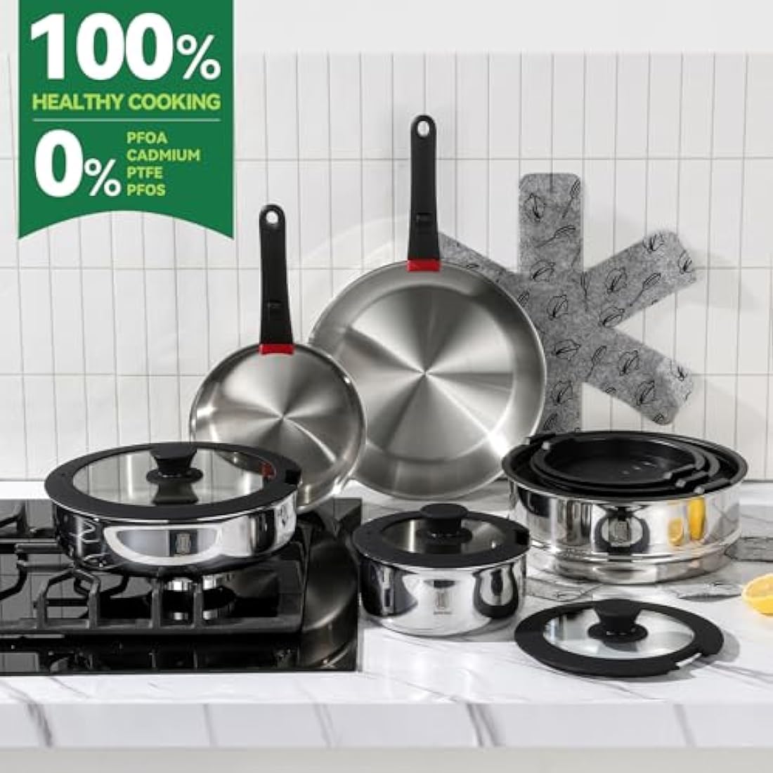 ROYDX 18/10 Stainless Steel Pan Set with Detachable Handles, 16 Piece Stackable Saucepan Set with Steamer, 24cm / 26cm Frying Pans with Pot for All Stoves inclu.Induction and Gas, Oven Proof
