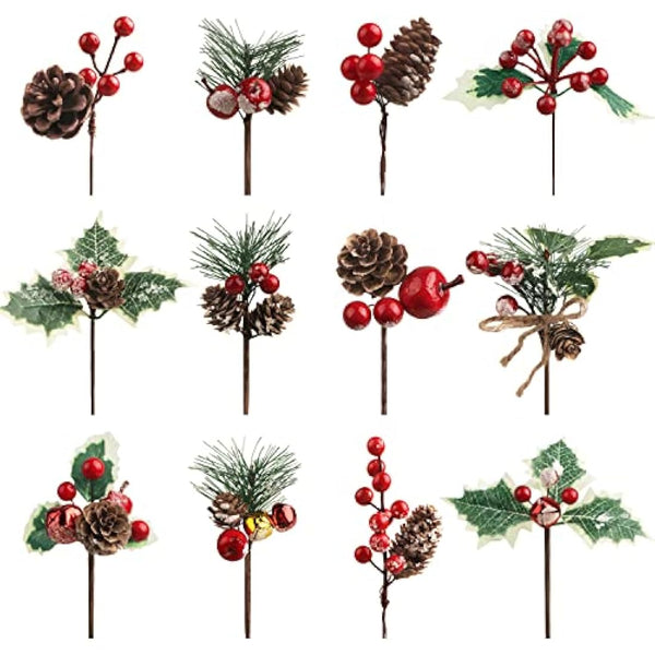 12PCS Christmas Berries Decorations, Christmas Pine Cones Berry Pine Branch Set, Holly Spray Artificial Christmas Picks for Crafts Gift Wrapping DIY Winter Floral Picks Tree Fillers Wreaths Decor