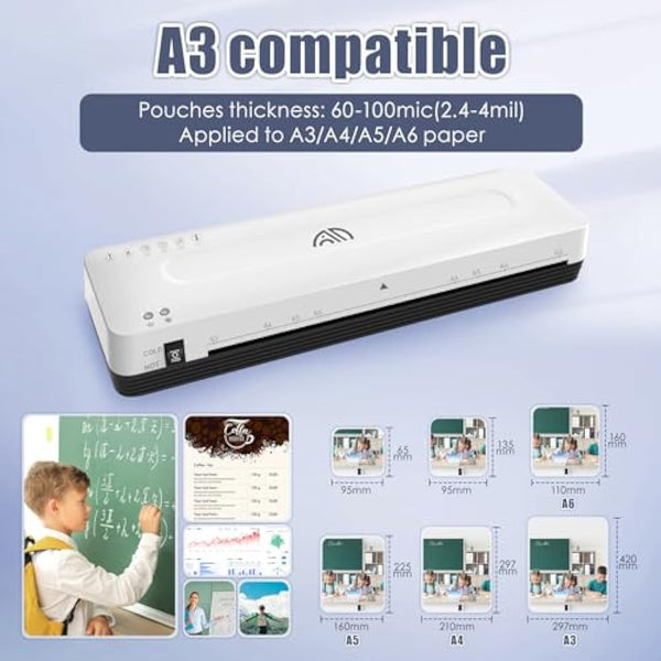 A3 Laminator, 13 inches Laminating Machine with 30 Laminating Pouches for A3 A4 A5 A6, Cold and Thermal Laminator Machine for Office Home School Use