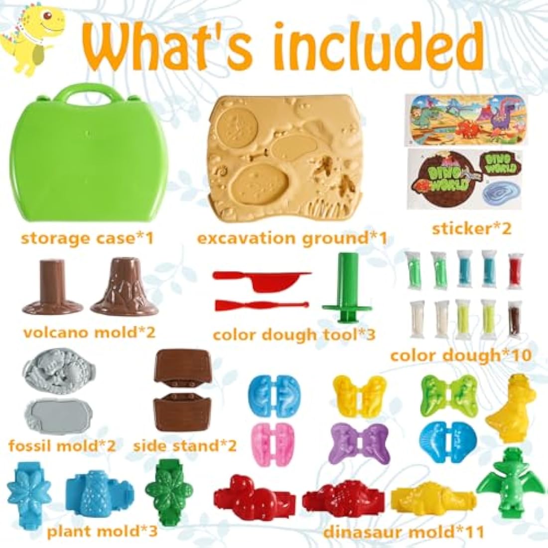 VConejo 2 in 1 Dinosaur Color Dough Toys, 37 Pieces Dino Theme Color Dough Tools Accessories with Volcano and Fossils for Boys and Girls
