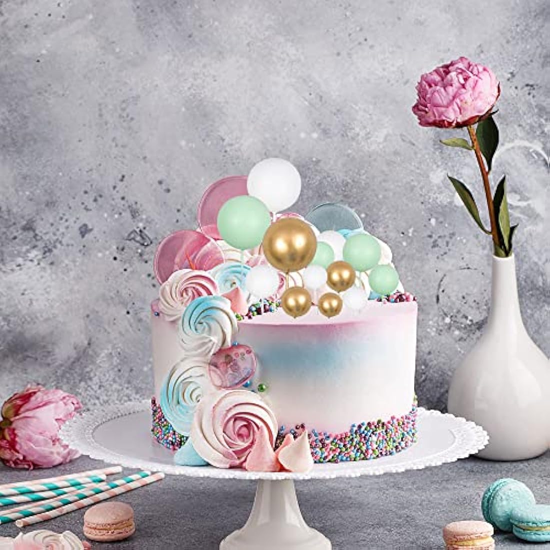 Gyufise 30Pcs Balls Cake Topper Mini Balloons Cupcake Topper DIY Cake Insert Topper Foam Cake Balls Baking Decoration for Wedding Anniversary Valentines Day Birthday Party Green Gold White
