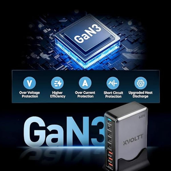 440W USB charging station - Gan Charger with 5 USB C & 3 USB A Ports, 100W 65W USB charging hub with USB C multi charger,Compatible with MacBook Lenovo Laptop iPhone iPad - 100W USBC Cable Included