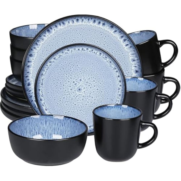 Greentainer Handmade Stoneware Dinnerware Set, Ocean Blue Dinner Set, 16-Piece Dinner Service Set with Dinner Plate, Dessert Plate, Bowl and Mug, Dishwasher & Microwave Safe, Service for 4