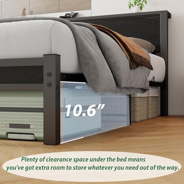DUMEE King Size Bed Frame with Wooden Storage Headboard, Metal Bed Frame King Size Bed Base/Mattress Foundation, Enhanced Support Noise Free, Black
