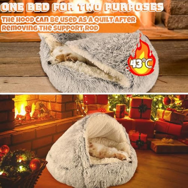 SUOXU Hooded with Supports Dog Bed,Deluxe Plush Dog Cave Bed for Medium Small Dogs, Warming Cozy Soft Faux Fur Donut Calming Anti-Anxiety Pet Bed,Removable Washable Cover and Anti Slip (Grey)