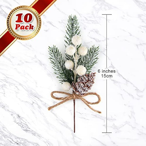 ELECLAND 10 Pcs Christmas Decorations Artificial Pine Branches Stems Spray With Pine Cones Faux Red Berry Holly Leaves for Craft Floral Wreath Ornaments, White