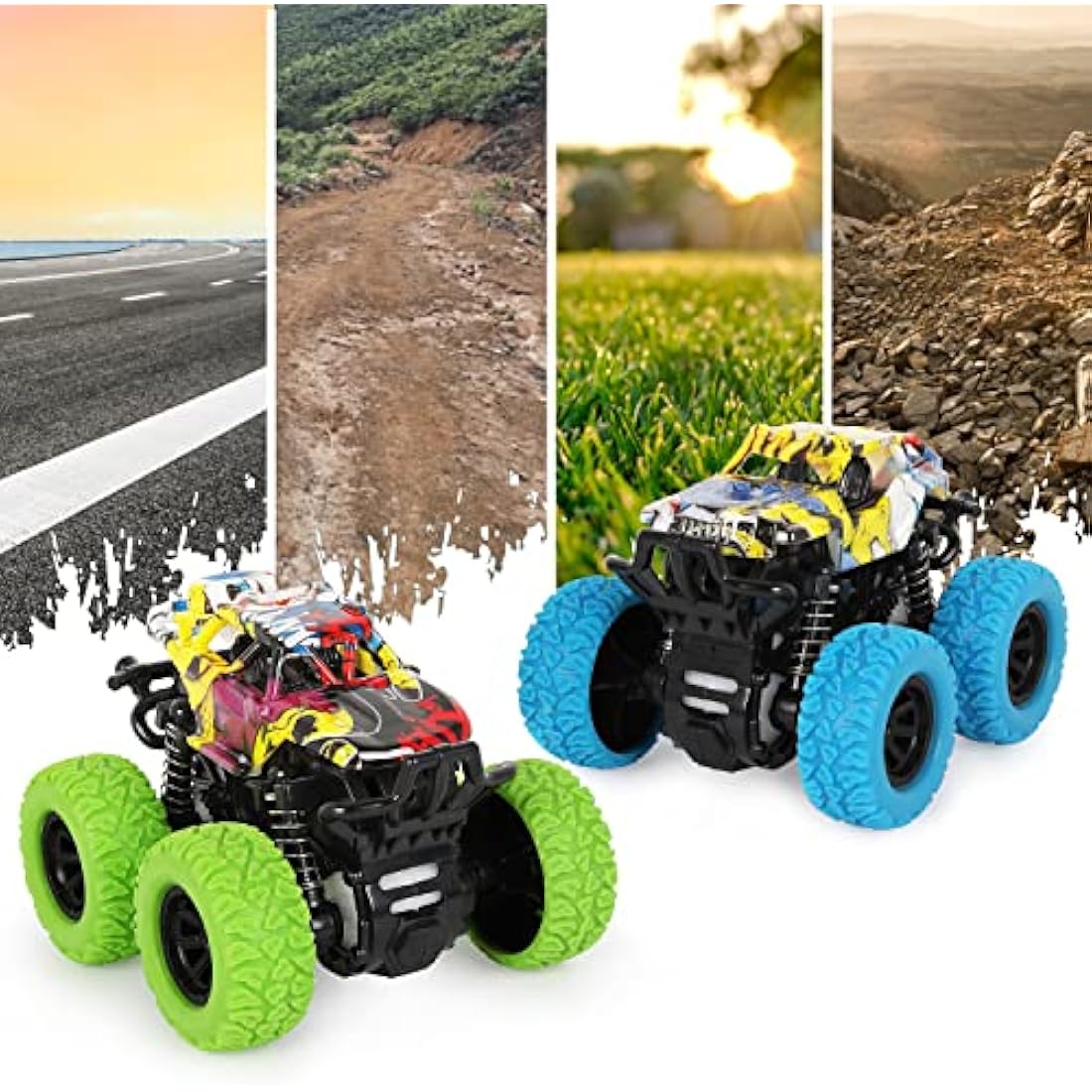 Shayson 2 Pack Monster Truck Toys Friction Powered Cars Pull Back Trucks，Inertia Vehicle Playsets with Shockproof Spring and Rubber Wheel，Toy Cars for Kids