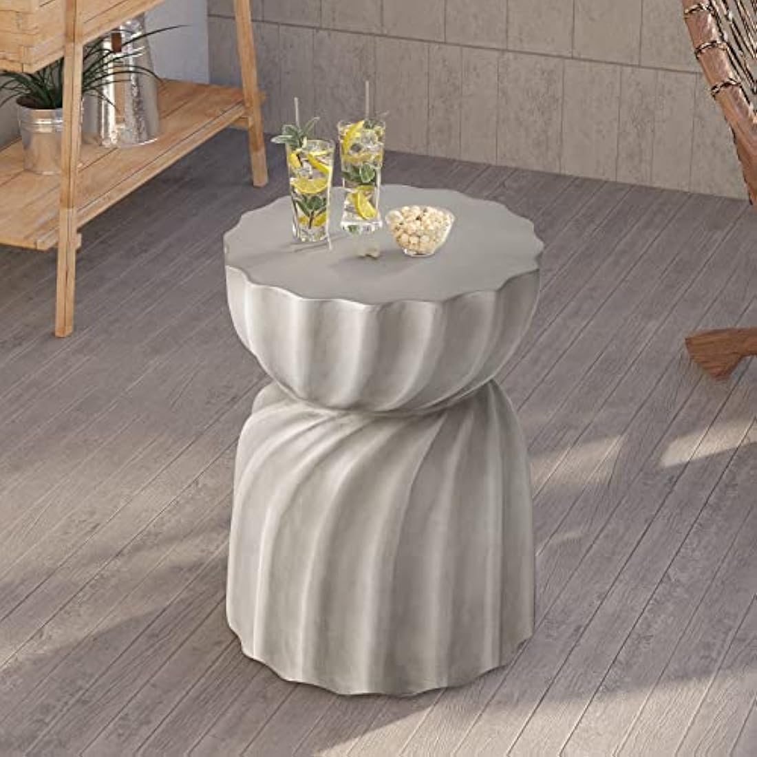 HOMPUS Unique Outdoor Concrete Side Table, Garden Stool, Round Patio MgO End Table, Lightweight Small Accent Table for Indoor Outdoor Use, Patio, Garden, Backyard, Natural Grey
