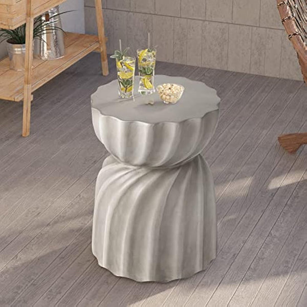 HOMPUS Unique Outdoor Concrete Side Table, Garden Stool, Round Patio MgO End Table, Lightweight Small Accent Table for Indoor Outdoor Use, Patio, Garden, Backyard, Natural Grey