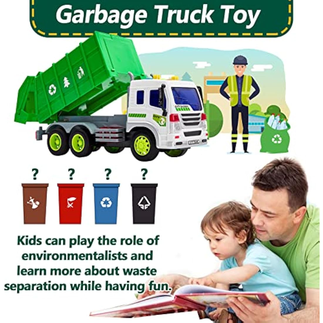 HERSITY Garbage Truck Bin Lorry Toys for 3+ Years Old Boys, Rubbish Trucks Dustcart Toy Cars with Lights and Sounds, Kids Gifts age 4 5 6 Children Girls
