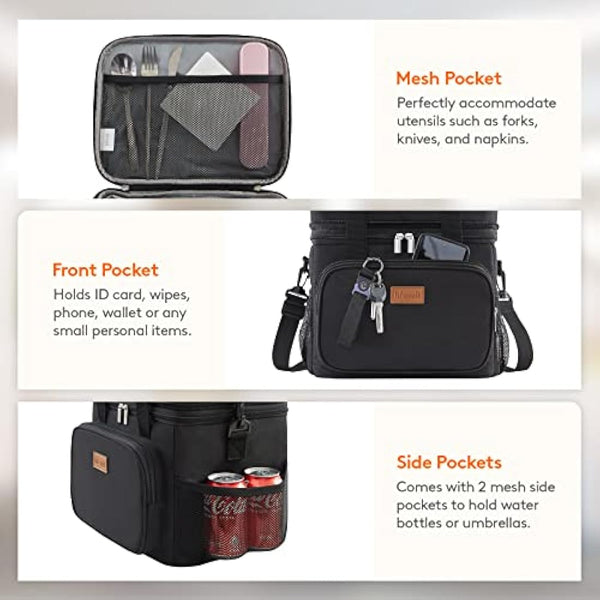 Lifewit 21L 30Can Lunch Box for Men Women Double Deck Lunch Bag, Large Insulated Soft Cooler Bag, Leakproof Soft Meal Prep Lunch Tote with Shoulder Strap for Adults for Work/Picnic/School, Black