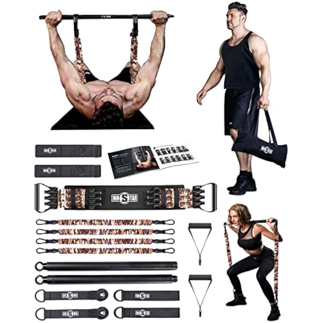 INNSTAR Portable Home Gym Set with Workout Bar, Bench Press Set, Squat Resistance Band, Door Anchor and More-Full Body Workout Equipment to Build Muscle and Shape Body