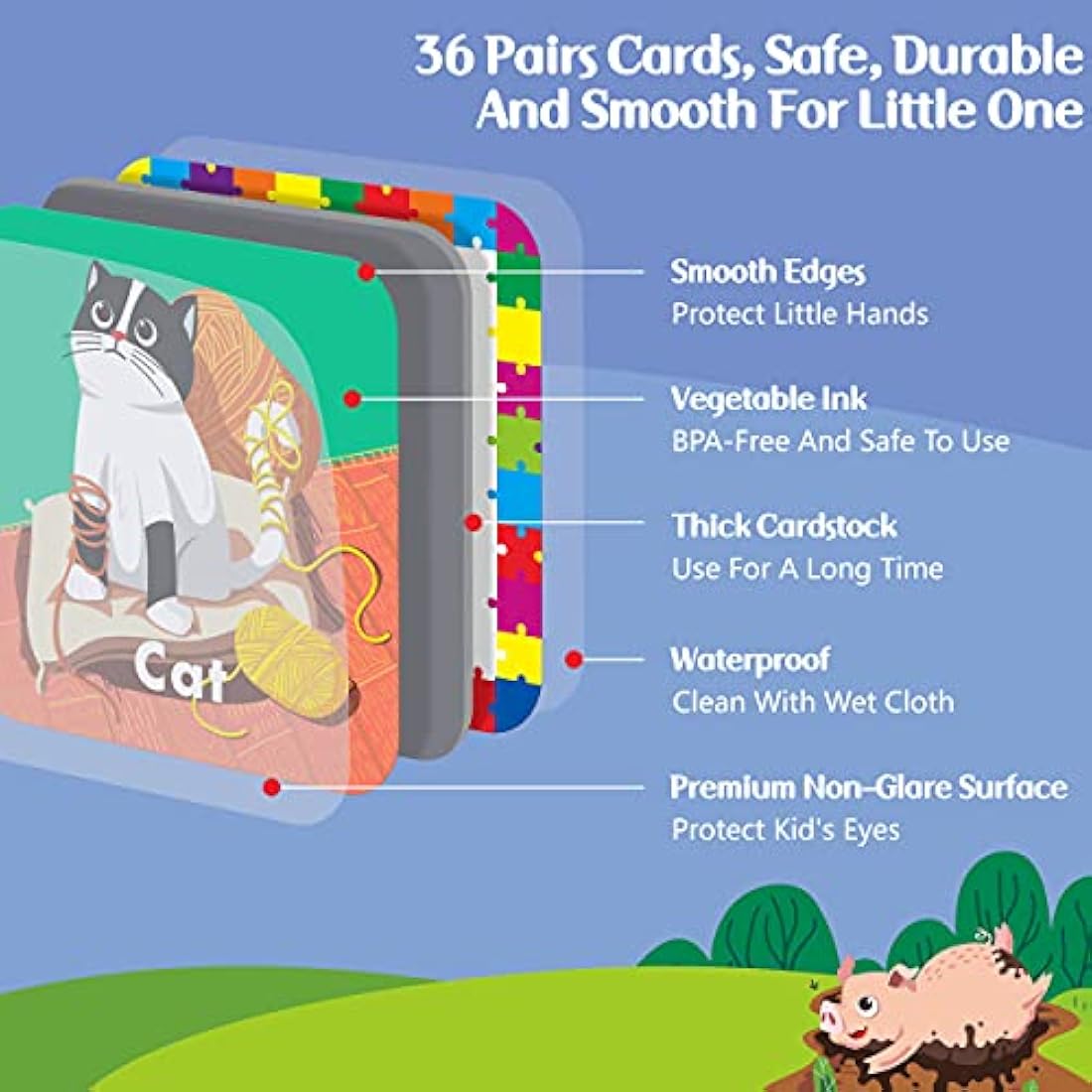Hebayy 36 Pair Animal Matching Memory Game Flash Cards for Toddlers, Preschool, Kindergarten and Home. Erasable, Fun & Fast, Travel Friendly, Skill Building. Size 2” x 2”(5 x 5 cm)