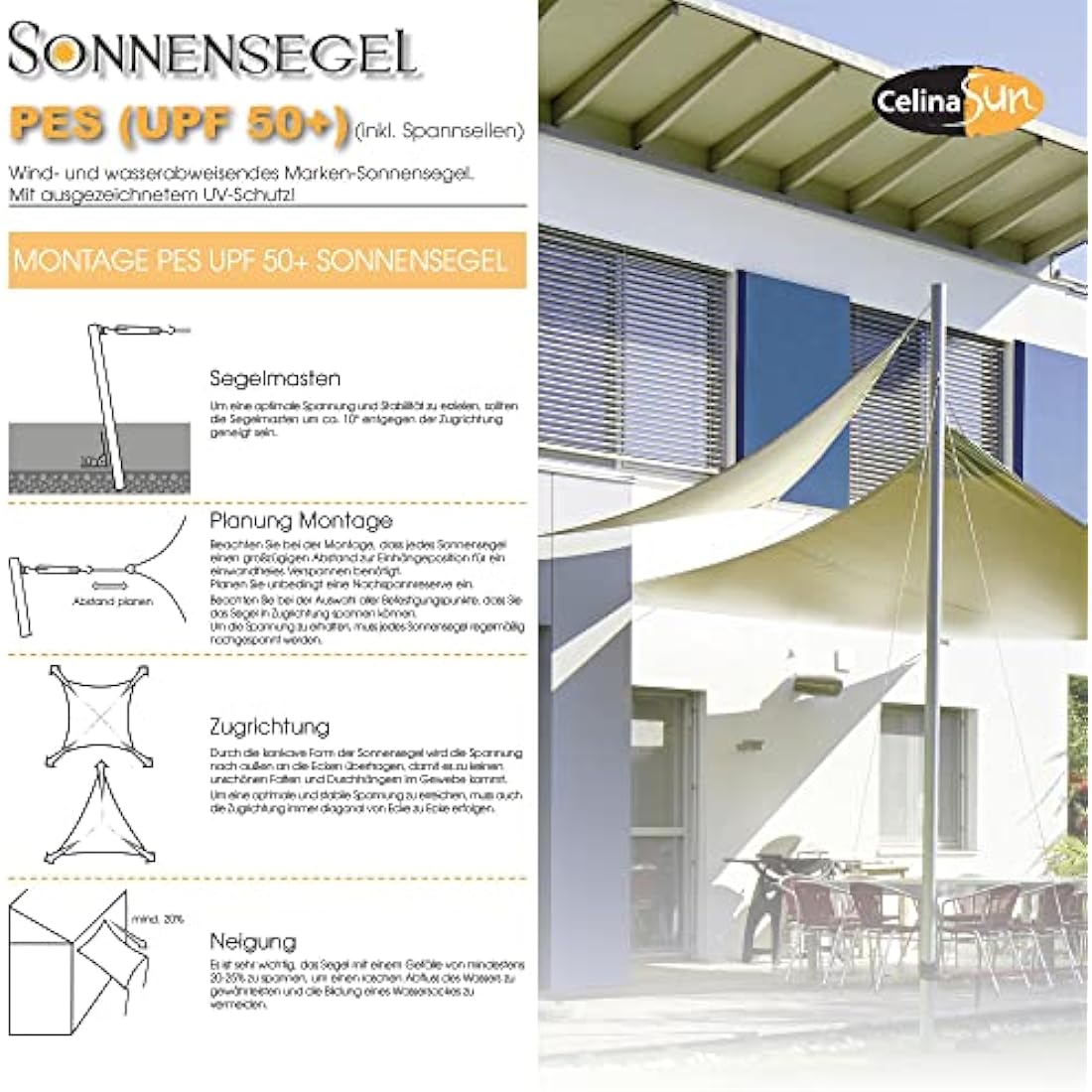 CelinaSun awning sun protection PES UPF 50+ tested UV-protection polyester garden balcony water repellent rectangle 4 x 6 m anthracite