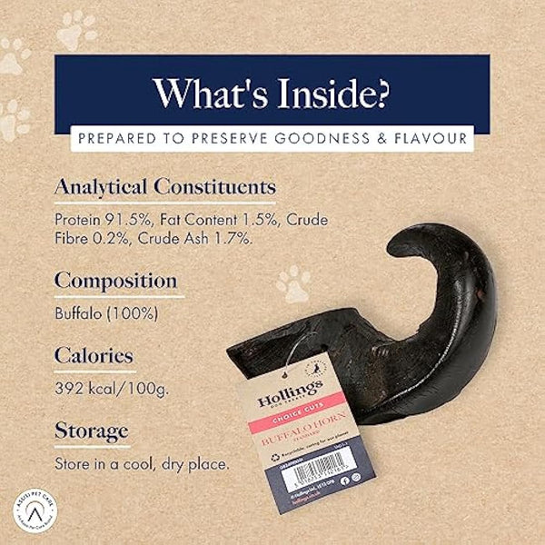 Hollings Buffalo Horn Standard Dog Treat, 100% Natural Grain Free Chew Treat for Adult Dogs, High in Protein and Naturally Low in Fat (1 Pack)