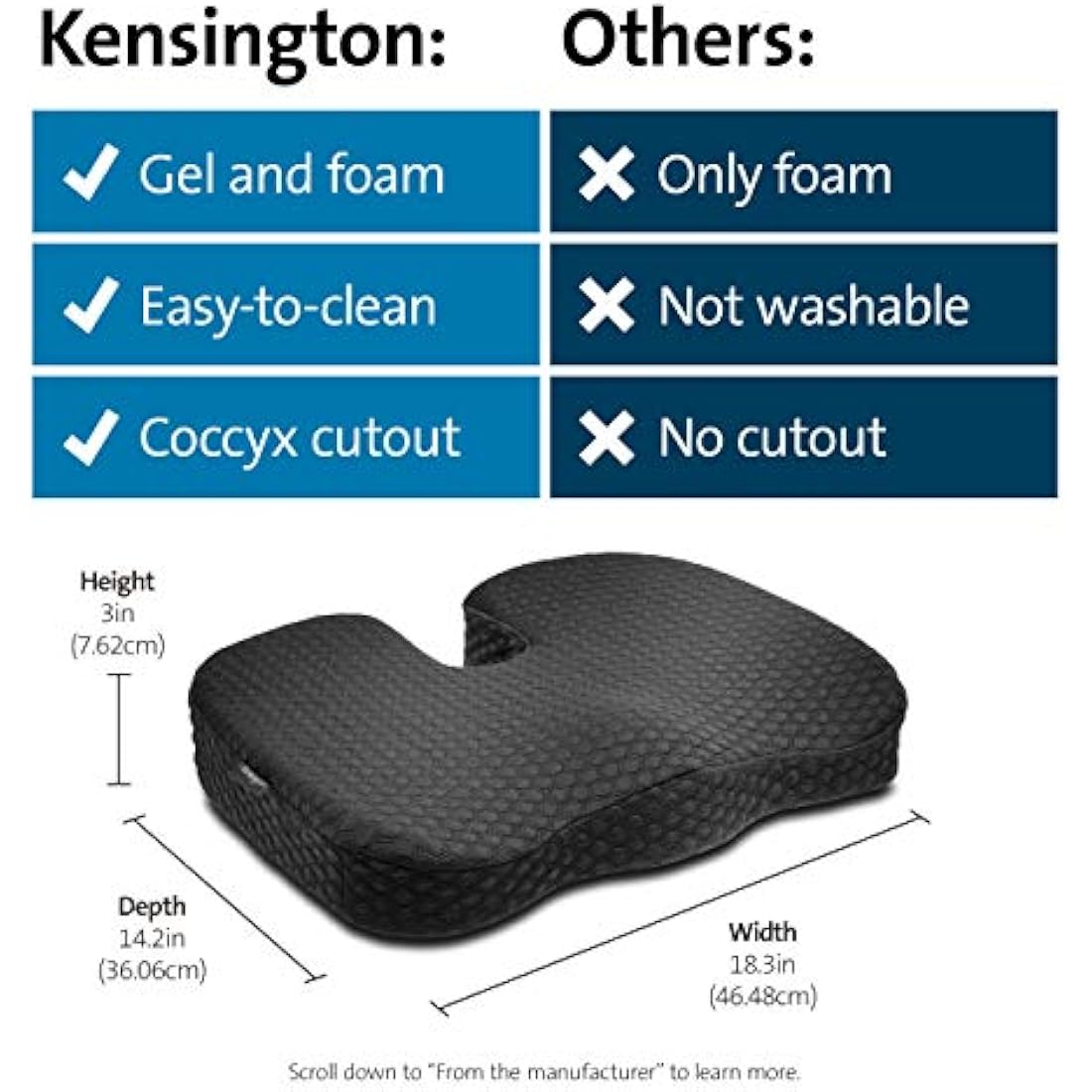 Kensington Premium Cool-Gel Seat Cushion, Black - Relieves Spine Pressure, Improves Posture, Siatica, Orthorpedic (K55807WW), 363x460x71