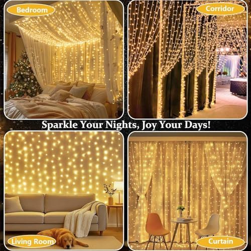 Joycome 2 Pack 600 LED Curtain Lights 6m x 3m Curtain Fairy Lights Plug in, 8 Modes Waterproof Window Lights for Gazebo Wall Wedding Xmas Indoor Outdoor Decorations - Warm White