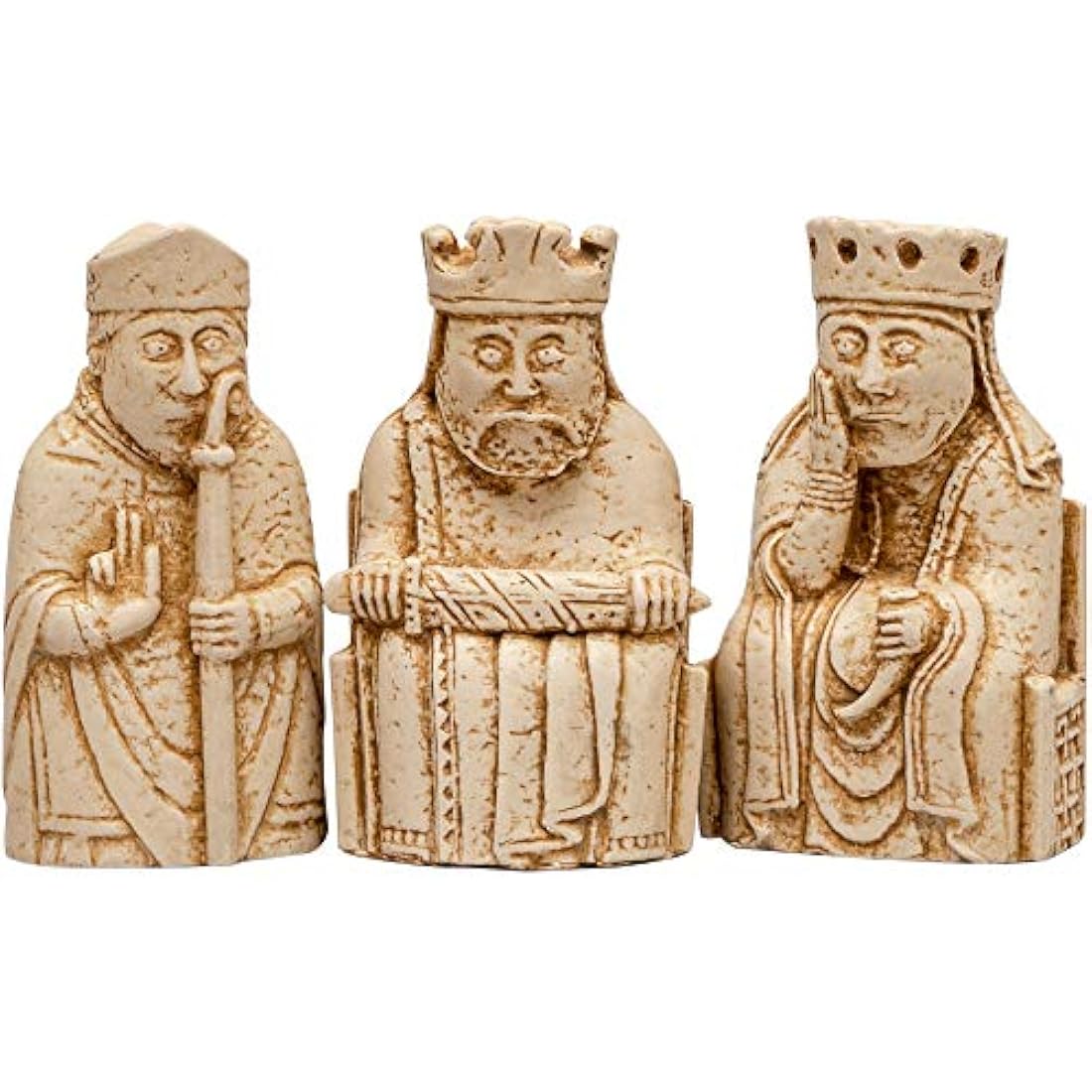 Isle of Lewis Replica Chess Pieces -Six Highly Detailed Stone-Resin replicas: KING, QUEEN, BISHOP, KNIGHT, WARDER & BERSERKER