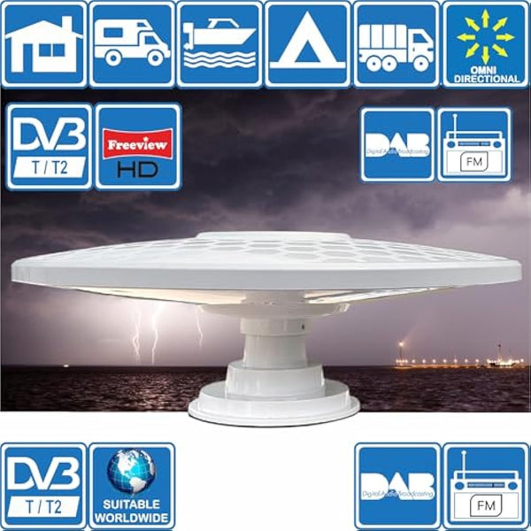 HELIO - Omnidirectional Amplified Digital HD TV Aerial Antenna 33dB High Gain Booster. Freeview UHF FM DAB. 12V / 24V ideal for Motorhome HGV Truck Caravan Boat Camping by Unispectra® (Magnet)