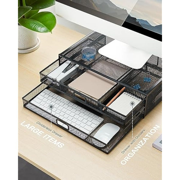 HUANUO Monitor Stand with 2 Storage Drawers - Metal Mesh Desk Organisers, Support Laptop, Notebook, PC, Monitor, Printer, Scanner up to 15 KG