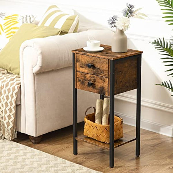HOOBRO Tall Bedside Table, Slim Side Table with 2 Drawers, Industrial Telephone Tables for Small Spaces, Living Room, 35 x 28.5 x 68.5 cm, Rustic Brown and Black EBF72BZ01
