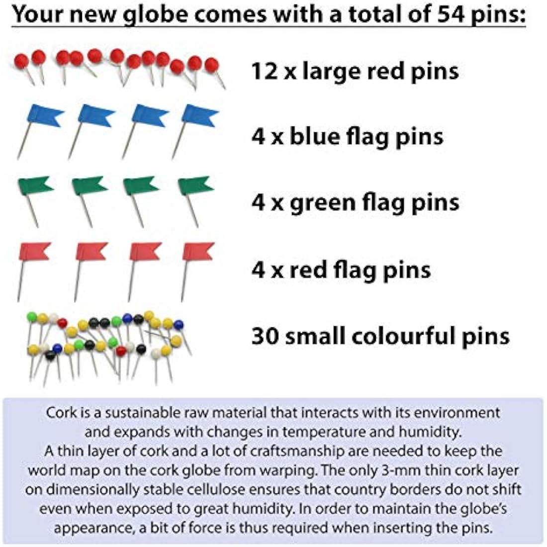 Clear cork globe with 54 different pins - spinning globe 26cm high made of cork - globe as a gift idea for globetrotters