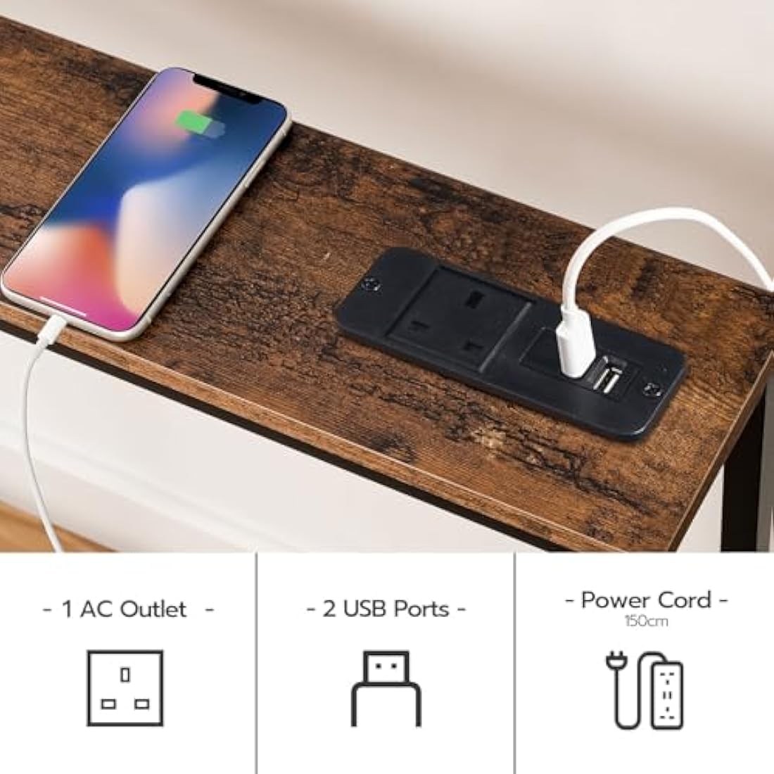 HOOBRO Narrow Console Table with Charging Station, 160 cm Behind Sofa Couch Table, Long Hallway Table, Slim Console Table for Hallway, Entryway, Living Room, Rustic Brown and Black EBF165KXG01
