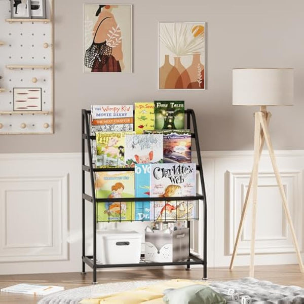 Huhote Children Kids Bookshelf, Small Bookcase, Kids Book Rack, Book and Toy Storage Organizer Display Stands Shelf for Small Place Living Room Study Children's Room (Black)