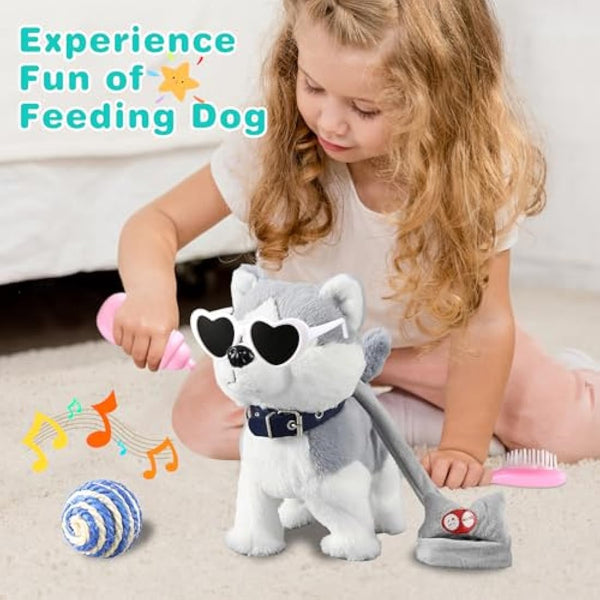 Marsjoy Husky Walking and Barking Puppy Dog Toy with Control Leash,Realistic Wagging Tail Robot Interactive Musical Dancing Animated Plush Stuffed Animal Electronic Pet for Kids Toddlers
