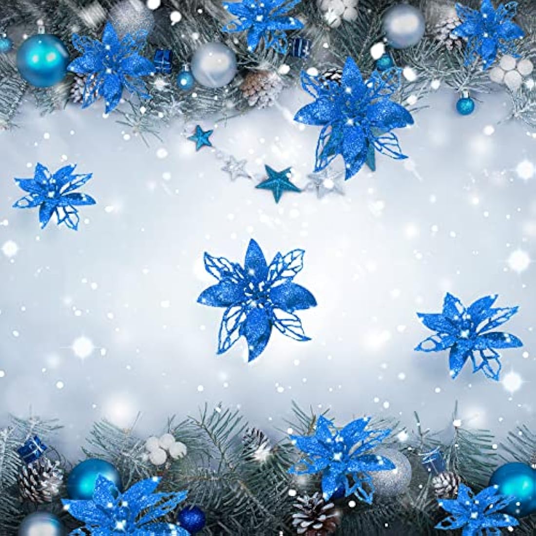 24 Pieces Christmas Glitter Artificial Poinsettia Flowers Christmas Flowers Decorations Wedding Xmas Tree New Year Ornaments (Blue)