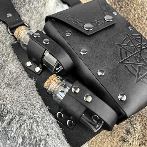 EpicCos 3 PCs Medieval Alchemy Belt Waist Pack Combo with Multiple Potion Bottles, Viking Rivet Belt Side Pouch for Cosplay (Black D)