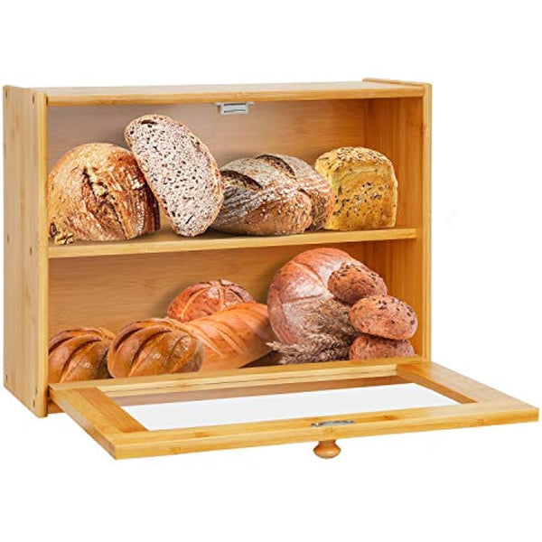 Double Layer Bamboo Bread Box with Clear Window, Large Capacity Bread Storage Bin- Kitchen Countertop Storage Box for Bread, Pastries & Baked Goods - Easy Self-Assembly Organizer