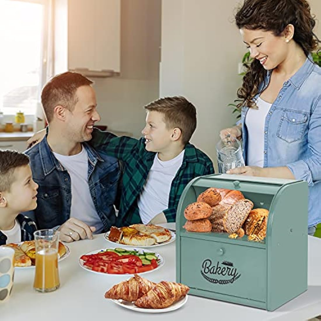 Hossejoy Double Layer Bread Bin - Large Capacity Black Roll Top Bread Box, Kitchen Bread Storage Container with Roll Top Lid, Double Layer Breadbox for Your Kitchen Countertop