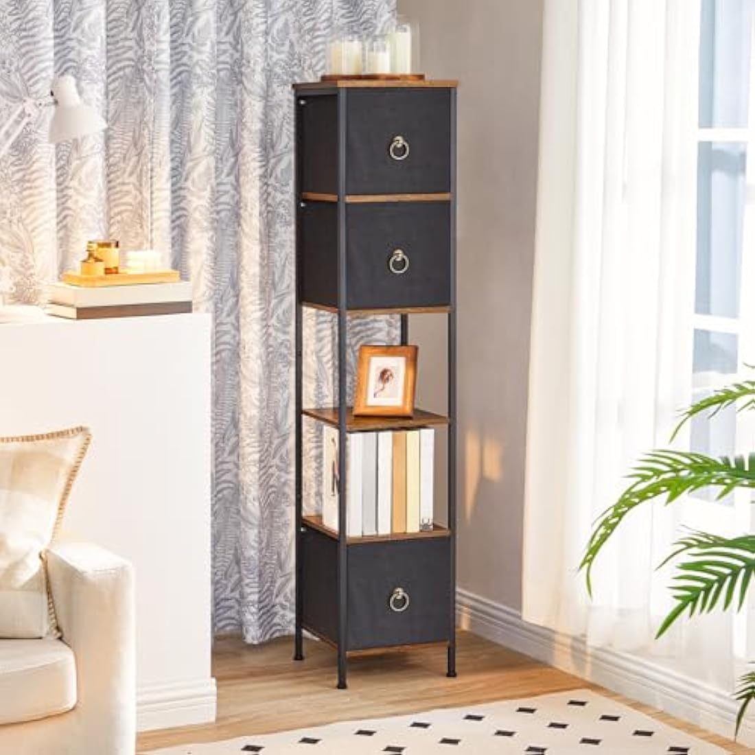 HOOBRO Tall Bathroom Cabinet, Narrow Corner Storage Cabinet, Slim Corner Shelf Unit with 3 Fabric Drawers and 2 Open Shelves, Narrow Storage Unit for Living Room, Rustic Brown and Black EBF140CW01