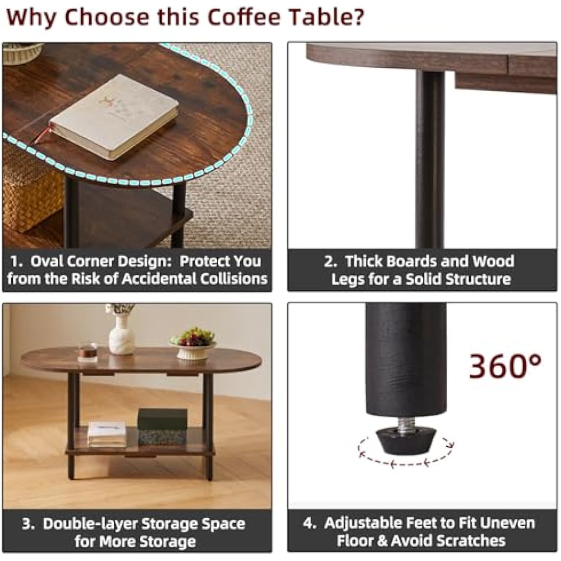 Aibiju Small Coffee Table, Living Room Table, Wooden Coffee Table with 2 Tier Storage Shelves for Living Room/Office, 35x16x17inch Rustic Brown+Black Legs, YD-011H