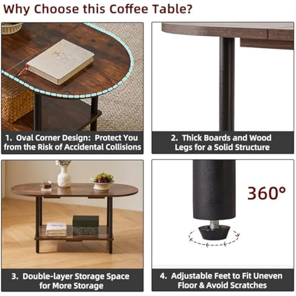 Aibiju Small Coffee Table, Living Room Table, Wooden Coffee Table with 2 Tier Storage Shelves for Living Room/Office, 35x16x17inch Rustic Brown+Black Legs, YD-011H