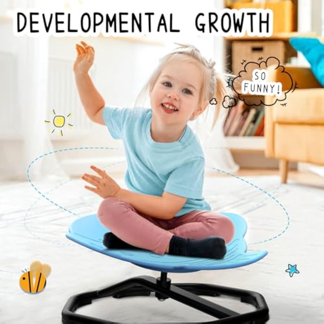 Evie Bee Spinning Chair for Kids, Autism Sensory Equipment, 360° Swivel Toys Wobble, ADHD Kids Swivel Chair for Balance & Coordination Training, Safe Durable Play Spinning Seat (Blue Rocket)