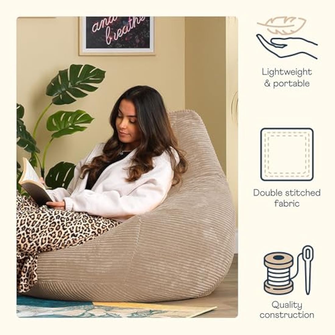 icon Dalton Cord Recliner Bean Bag, Beige, Large Adult Bean Bag Chair with Filling Included, Comfy Chair, Living Room Furniture, Bedroom Furniture