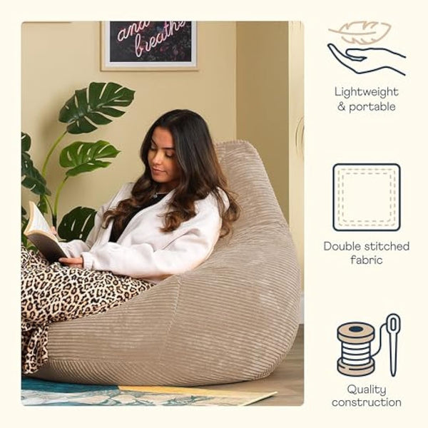 icon Dalton Cord Recliner Bean Bag, Beige, Large Adult Bean Bag Chair with Filling Included, Comfy Chair, Living Room Furniture, Bedroom Furniture