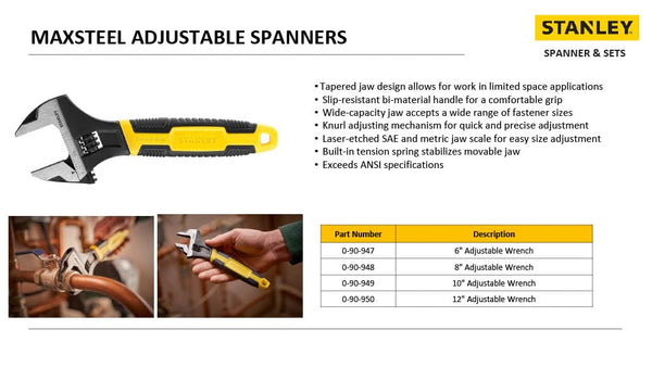 STANLEY MAXSTEEL Adjustable Wrench 30 x 200 mm Protective Phosphate Finish and Ergonomic Bi Material Handle 0-90-948