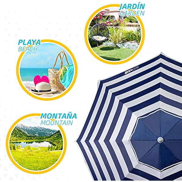 AKTIVE 62225 Beach Umbrella 220 cm Windproof Sun Shade Roof Ventilation Pole 28-32 mm UV 50 Protection Marine Stripe Design Includes Storage Bag