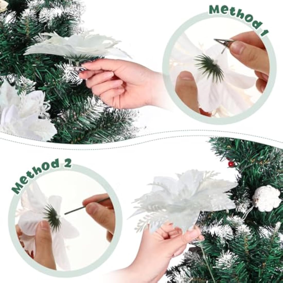 12Pcs Poinsettia Artificial Flowers, Christmas Glitter White Flowers Ornaments for Christmas Tree, with Stems and Clips, Xmas Floral Party Decor Wreath, Garland Craft Supplies, White