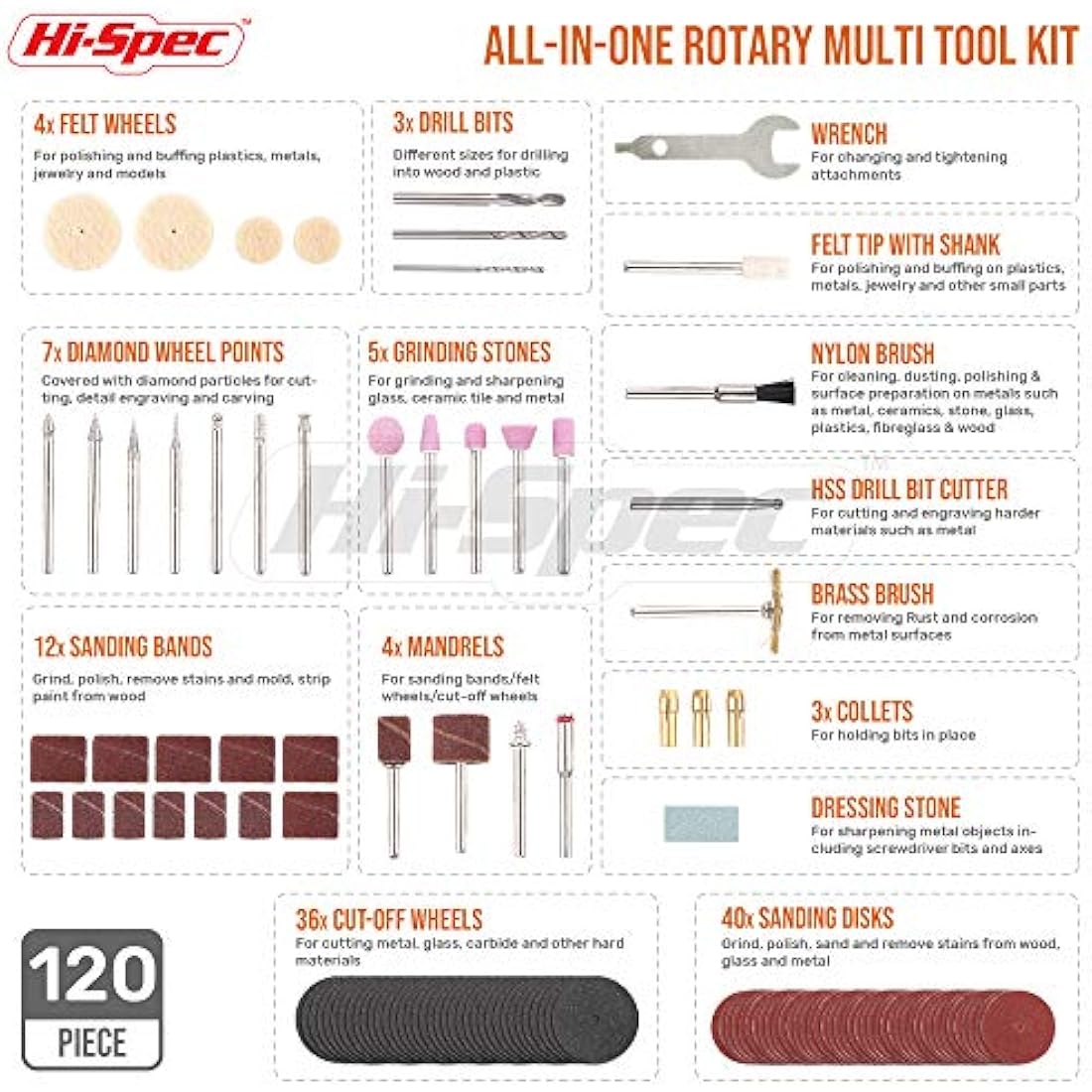 Hi-Spec 121pc 130W Corded Power Rotary Tool Kit – Multi Tool with Dremel Compatible Bit Accessories for Drill, Cut, Trim, Grind & Sand. DIY Repairs, Hobbies & Craft Projects