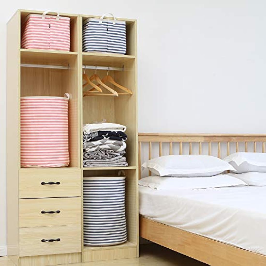 Sea Team 19.7 Inch Large Sized Waterproof Coating Ramie Cotton Fabric Folding Laundry Hamper Bucket Cylindric Burlap Canvas Storage Basket with Stylish Blue Stripe Design