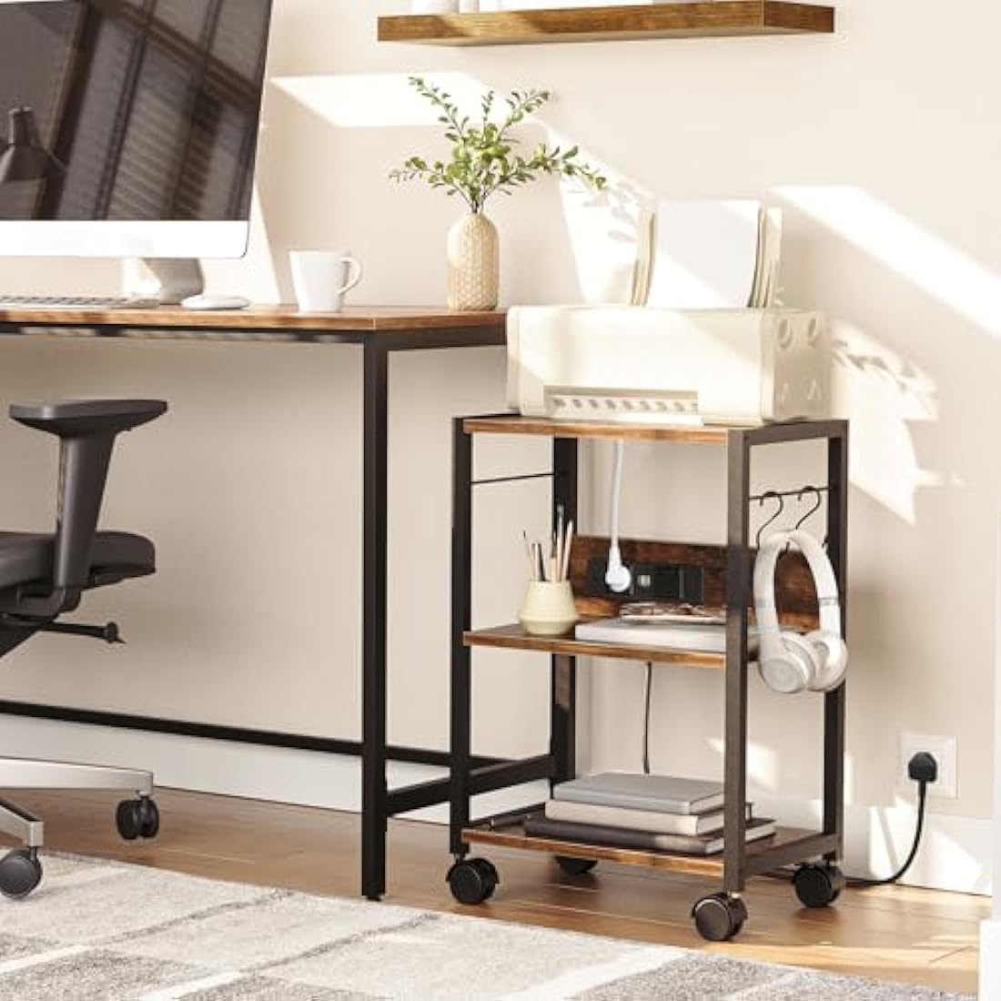 MAHANCRIS 3-Tier Mobile Printer Table, Printer Stand with Power Outlets and USB Ports, Home Printer Shelf with 2 Hooks, for Office and Living Room, Rustic Brown (42 x 28 x 60 cm) APTHR40KE01