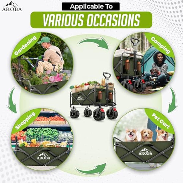 Heavy Duty Folding Festival Trolley – 300L Extra-Large – Includes Chair & Oversized Umbrella Collapsible Wagon with All-Terrain Wide Wheels, Adjustable Handle & 100KG Capacity (Dark Green)