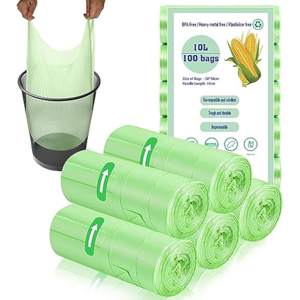 100 x 10 Liter Green Bin Bags, 18.9 * 23.2in Portable Food Waste Bag Small Kitchen Bin Liners Food Caddy Bag with Handle for Office Bathroom Kitchen Garbage