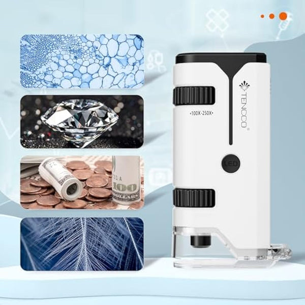 100x-250x Mini Pocket Microscope for Kids Adults, Protable Handheld Microscope, Miniscope Portable for Kids Adults Science Lab Education,White